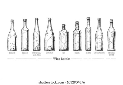 Vector hand drawn illustration of Wine Bottle Types in vintage engraved style. Burgundy, Bordeaux, Hock (Riesling, Alsace), Champagne, Port, Madeira, Ice, Cotes de Provence  and Verdicchio (Anfora)