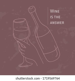Vektorhandgezeichnete Illustration von Wein, Hand mit Glas Wein, Flasche, Dekoration, Banner, Poster, Karte, Werbung für Weinkeller, Weinladen, Restaurant, Café, Bar. Textur