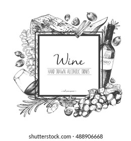 Vector Hand Drawn Illustration Of Wine And Appetizers. Square Border Composition. Grape, Cheese, Rosemary, Spices, Bottle And Wineglass. For Restaurant Menu, Invitation, Greeting, Holiday Store Design