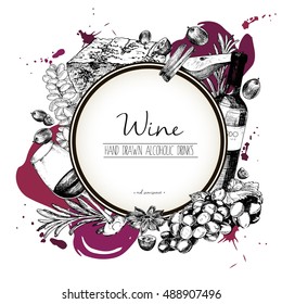 Vector hand drawn illustration of wine and appetizers. Round border composition. Grape, cheese, rosemary, spices, bottle and wineglass. For restaurant menu, invitation, greeting, holiday store design