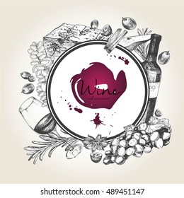 Vector hand drawn illustration of wine and appetizers. Round border composition. Grape, cheese, rosemary, spices, bottle and wineglass. For restaurant menu, invitation, greeting, holiday store design