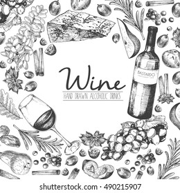 Vector hand drawn illustration of wine and appetizers. Round border composition. Grape, cheese, rosemary, spices, bottle and wineglass. For restaurant menu, invitation, greeting, holiday store design