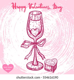 Vector hand drawn illustration of wineglass,candy,text Happy Valentines Day on background with abstract paper texture,retro frame. glass sketch.Linear art in vintage style for design.