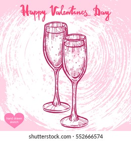 Vector hand drawn illustration of wineglass,text Happy Valentines Day on background with abstract paper texture,retro frame.Valentines champagne glasses sketch.Linear art in vintage style for design.