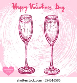 Vector hand drawn illustration of wineglass,text Happy Valentines Day on background with abstract paper texture,retro frame. glasses sketch.Linear art in vintage style for design.