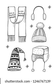 Ilustración de sombreros de invierno dibujada a mano por vectores: bufanda, ushanka, auriculares de cuatro, sombrero Pom-Pom de cable y gorro Elf. Está decorado en estilo vintage grabado. Aislado sobre fondo blanco.