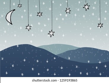 vector hand drawn illustration of a winter landscape with dark blue hills, cute trees, snow, funny stars and moon, perfect for a christmas card or beautiful background