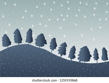 vector hand drawn illustration of a winter landscape with dark blue hills, cute trees, snow, funny stars and moon, perfect for a christmas card or beautiful background