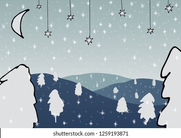 vector hand drawn illustration of a winter landscape with dark blue hills, cute trees, snow, funny stars and moon, perfect for a christmas card or beautiful background
