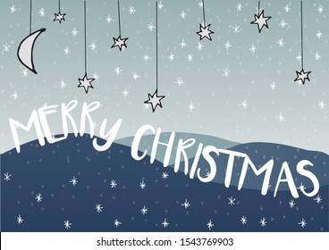 vector hand drawn illustration of a winter landscape with dark blue hills, cute trees, snow, funny stars and moon, perfect for a christmas card or beautiful background