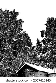 Vector hand drawn illustration of winter landscape . Template for card, poster, banner, print for t-shirt, pin, badge, patch.