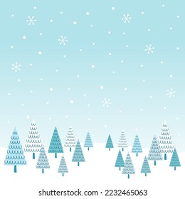 Vector hand drawn illustration of winter landscape with pine tree forest in cold falling snow for happy holidays greeting card, banner, poster, flyer, brochure, book cover background with copy space.