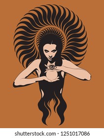 Vector hand drawn illustration of witch with crystal ball. Creative tattoo artwork. Template for card, poster, banner, print for t-shirt, pin, badge, patch.