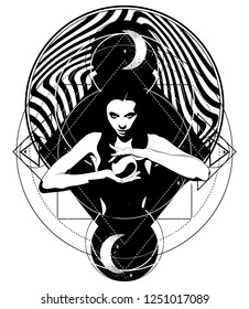 Vector hand drawn illustration of witch with crystal ball . Creative tattoo artwork. Template for card, poster, banner, print for t-shirt, pin, badge, patch.