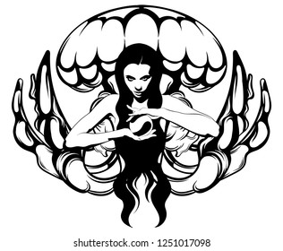Vector hand drawn illustration of witch with crystal ball and jelly fish. Creative tattoo artwork. Template for card, poster, banner, print for t-shirt, pin, badge, patch.