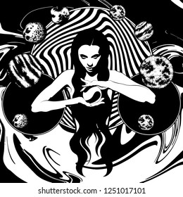 Vector hand drawn illustration of witch with crystal ball and planets. Creative tattoo artwork. Template for card, poster, banner, print for t-shirt, pin, badge, patch.