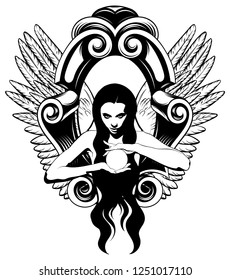 Vector hand drawn illustration of witch with crystal ball and wings. Creative tattoo artwork. Template for card, poster, banner, print for t-shirt, pin, badge, patch.