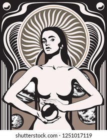 Vector hand drawn illustration of witch with crystal ball and planets. Creative artwork. Template for card, poster, banner, print for t-shirt, pin, badge, patch.