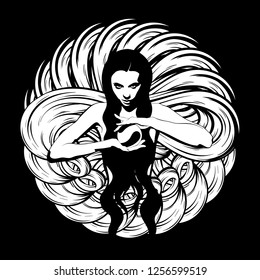 Vector hand drawn illustration of witch with crystal ball. Creative tattoo artwork. Template for card, poster, banner, print for t-shirt, pin, badge, patch.