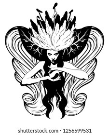 Vector hand drawn illustration of witch with crystal ball. Creative tattoo artwork. Template for card, poster, banner, print for t-shirt, pin, badge, patch.