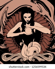 Vector hand drawn illustration of witch with crystal ball. Creative tattoo artwork. Template for card, poster, banner, print for t-shirt, pin, badge, patch.