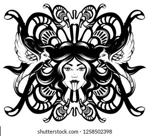 Vector hand drawn illustration of witch with tongue and birds. Creative tattoo artwork. Template for card, poster, banner, print for t-shirt, pin, badge, patch.