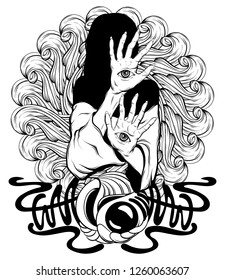 Vector hand drawn illustration of witch with eyes on hands with ornament and details. Creative tattoo artwork. Template for card, poster, banner, print for t-shirt, pin, badge, patch.