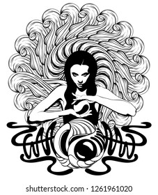 Vector hand drawn illustration of witch with crystal ball. Creative tattoo artwork. Template for card, poster, banner, print for t-shirt, pin, badge, patch.