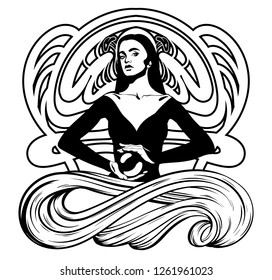 Vector hand drawn illustration of witch with crystal ball. Creative tattoo artwork. Template for card, poster, banner, print for t-shirt, pin, badge, patch.