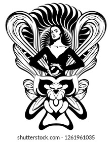 Ilustración de bruja dibujada a mano con bola de cristal. Obra creativa de tatuajes. Plantilla para tarjeta, afiche, banner, imprimir para t-pantalones, pin, placa, parche.