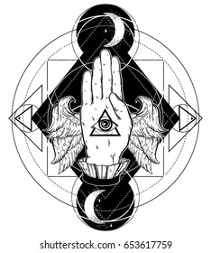 Vector hand drawn illustration of hand of witch with wings. All seeing eye pyramid symbol. Tattoo  artwork. All seeing eye pyramid symbol. Template for card, poster, banner, print for t-shirt.