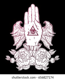 Vector hand drawn illustration of hand of witch with wings.  Tattoo hand sketched artwork with flowers. All seeing eye pyramid symbol. Template for card, poster, banner, print for t-shirt.