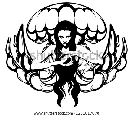 Vector hand drawn illustration of witch with crystal ball and jelly fish. Creative tattoo artwork. Template for card, poster, banner, print for t-shirt, pin, badge, patch.