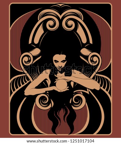 Vector hand drawn illustration of witch with crystal ball . Creative artwork. Template for card, poster, banner, print for t-shirt, pin, badge, patch.