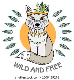 Vector hand drawn illustration of wolf with decorative elements. Artwork in boho style. Hand sketch of animal. Template for card poster banner print for t-shirt Abstract ethnic tribal pattern.