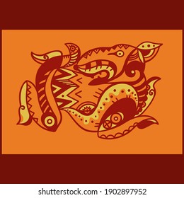 Vector hand drawn illustration of wolf with decorative elements. Artwork in boho style. Hand sketched portrait of animal. Template for card poster banner print for t-shirt. wolf on a brown background
