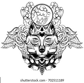 Vector hand drawn  illustration of wolf with decorative elements. Artwork in boho style with wings, moon, snakes, moth.  Template for card poster banner print for t-shirt.