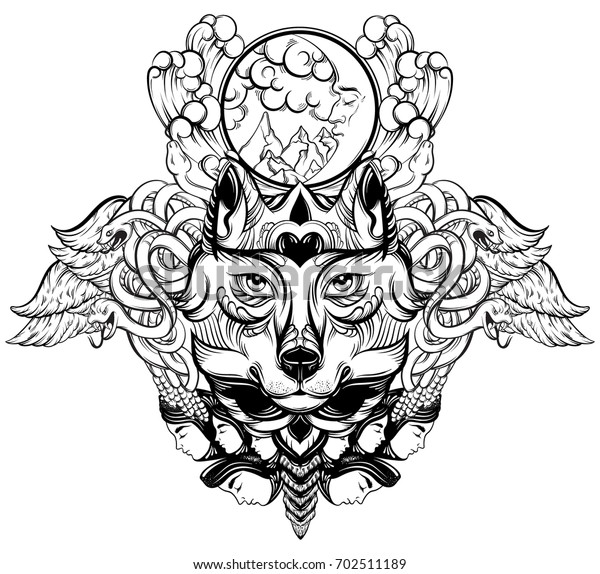 Vector Hand Drawn Illustration Wolf Decorative Stock Vector (Royalty ...