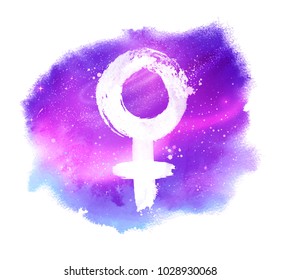 Vector hand drawn illustration of woman symbol on watercolor stain with outer space violet glitter shiny background.