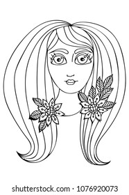Vector hand drawn illustration woman with long hair for child and adult coloring book. Vector black line girl.