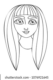 Vector hand drawn illustration woman with long hair for child and adult coloring book. Vector black line girl.