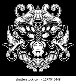 Vector hand drawn illustration of woman with birds, moth and baroque frame isolated. Creative tattoo artwork. Template for card, poster, banner, print for t-shirt, pin, badge, patch.