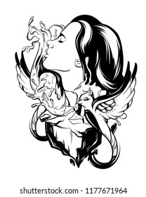 Vector hand drawn illustration of woman with birds, rocks and waves isolated. Creative tattoo artwork. Template for card, poster, banner, print for t-shirt, pin, badge, patch.