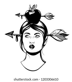 Vector hand drawn illustration of woman with arrow in her head isolated. Creative tattoo artwork.Template for card, poster, banner, print for t-shirt, pin, badge, patch.