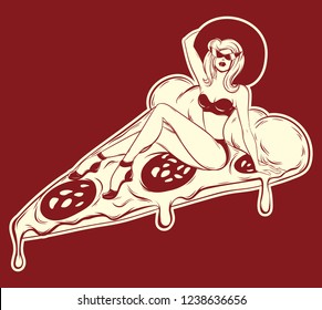 Vector hand drawn illustration of woman in swimsuit on pizza . Tattoo artwork. Template for card, poster, banner, print for t-shirt, pin, badge, patch.