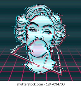 Vector hand drawn illustration of woman blowing bubble gum. Digital glitch effect, vaporwave style.