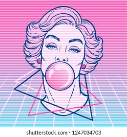 Vector hand drawn illustration of woman blowing bubble gum. Vaporwave style.