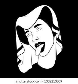 Vector hand drawn illustration of woman with tongue in medieval headdress isolated. Creative tattoo artwork. Template for card, poster. banner, print for t-shirt, pin, badge, patch.