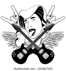 Vector hand drawn illustration of woman with tongue in medieval headdress with guitar and rock hands. Creative tattoo artwork. Template for card, poster. banner, print for t-shirt, pin, badge