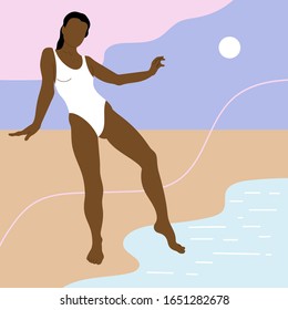 Vector hand drawn illustration of woman entering the water isolated. Creative artwork.  Template for card, poster, banner, print for t-shirt, pin, badge, patch.